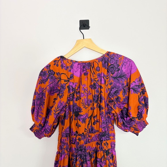 Anthropologie Somerset Floral Puff Sleeve Tiered Maxi Dress Orange Purple S Boho - Picture 10 of 11